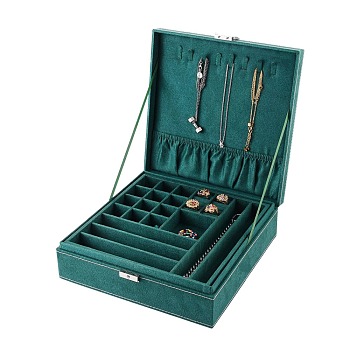 Velvet & Wood Jewelry Boxes, Portable Jewelry Storage Case, with Alloy Lock, for Ring Earrings Necklace, Rectangle, Sea Green, 26.4x26.6x8.3cm