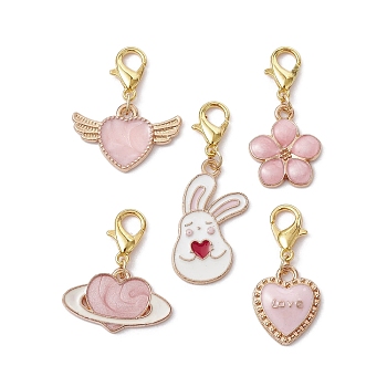 Valentine's Day Theme Alloy Enamel Pendant Decoration, with Alloy Lobster Claw Clasps, Heart/Rabbit/Flower, Golden, 25.5~38mm