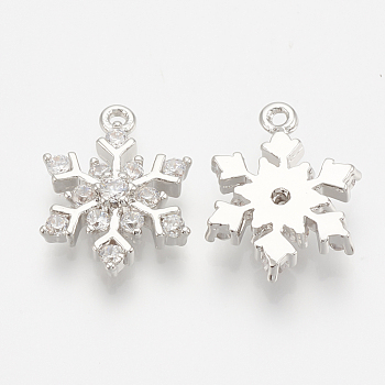 Brass Micro Pave Cubic Zirconia Charms, Snowflake, Nickel Free, Real Platinum Plated, 14x11x3mm, Hole: 1mm