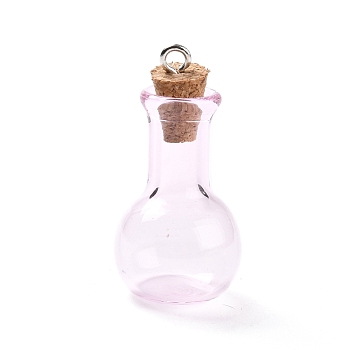 Glass Pendants, with Wood Bottle Stopper and Platinum Alloy Loops, Bulb Shaped, Pearl Pink, 34x18mm, Hole: 2mm