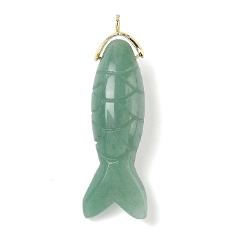 Natural Green Aventurine Carved Pendants, Fish Charms with Brass Findings, Golden, 47x15x12mm, Hole: 1.6mm