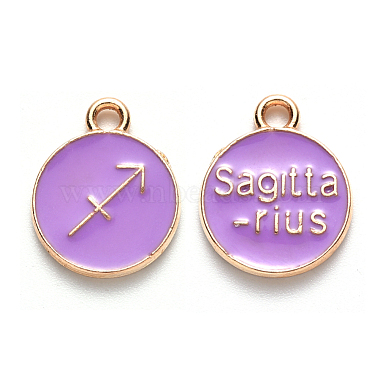 Light Gold Medium Purple Flat Round Alloy+Enamel Pendants