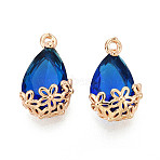 Transparent Glass Pendants, for DIY Jewelry Making, with Brass Findings, Faceted, Teardrop with Flower, Light Gold, Medium Blue, 16x9x6mm, Hole: 1.2~1.4mm(X1-GLAA-YW0001-108C)