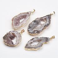 Natural Geode Agate Pendants, with Brass Findings, Nuggets, Golden, 38~65x18~40x5~6mm, Hole: 5x7mm(G-G950-02G)