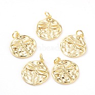 Brass Pendants, with Jump Rings, Long-Lasting Plated, Flat Round with Dragonfly, Real 18K Gold Plated, 20x18.7x2mm, Hole: 3.5mm(ZIRC-I043-29G)