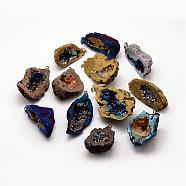 Electroplated Natural Geode Druzy Agate Big Pendants, with Brass Findings, Nuggets, Two Tone, Mixed Color, 45~70x21~50x21~28mm, Hole: 4x8mm(G-K174-05)