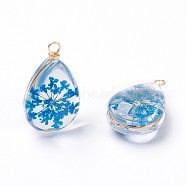 Inner Flower Glass Pendants, with Long-Lasting Plated Brass Findings, Nickel Free, teardrop, Real 18K Gold Plated, Dodger Blue, 21.5~22.5x13~14.5x8~9mm, Hole: 1.8mm(GLAA-K036-C05-NF)