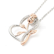 Clear Cubic Zirconia Heart with Rose Pendant Necklace, Two Tone Brass Jewelry for Women, Platinum & Rose Gold, Pedants: 25x20.5x9mm, 15.94 inch(40.5cm)(NJEW-F293-01B-RG)