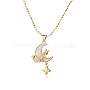 Brass Clear Cubic Zirconia & Shell Moon Star Pendant Ball Chain Necklaces for Women, Real 18K Gold Plated, 17.72 inch(45cm)(PW-WGF0F67-01)