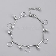 Brass Textured Ring Charm Anklets, with Bar Link Chains and Bell Charms, Platinum, 8-7/8 inch(22.4cm)(AJEW-B005-28P)