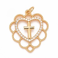 Rack Plating Brass Micro Pave Clear Cubic Zirconia Pendants, Cadmium Free & Nickel Free & Lead Free, Long-Lasting Plated, Heart with Cross, Real 18K Gold Plated, 23x20.5x2mm, Jump Ring: 5x0.5mm, Inner Diameter: 3.5mm(KK-M229-15G)