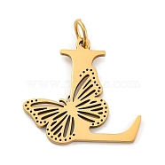 Ion Plating(IP) 201 Stainless Steel Pendants, Letter with Butterfly Charms, Golden, Letter L, 27x28x1.5mm, Ring: 7x1mm, Hole: 5mm(STAS-N103-184G-L)