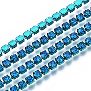 Electrophoresis Iron Rhinestone Strass Chains, Rhinestone Cup Chains, with Spool, Capri Blue, SS12, 3~3.2mm, about 10yards/roll(CHC-Q009-SS12-B20)