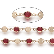 3.28 Feet Handmade Flat Round Glass Beaded Chains, with Brass Links, Long-Lasting Plated, Soldered, Dark Red, Light Gold, 13x7x3mm(X-CHC-G008-04LG-02)
