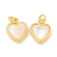 Natural Shell & Brass Heart Charms with Jump Rings, Real 18K Gold Plated, 11x9x3.5mm, Hole: 2mm(KK-P275-09G)