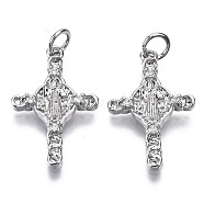 Brass Micro Pave Cubic Zirconia Pendants, with Jump Ring, Cross with Jesus, Nickel Free, Real Platinum Plated, 23.5x15.5x3mm, Hole: 3.5mm(ZIRC-T013-14P-NF)