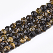 Natural Tiger Eye Beads Strands, Faceted, Flat Round, 6~6.5x4~5mm, Hole: 1mm, about 61~67pcs/strand, 14.9 inch~15.1 inch(X-G-T108-44)
