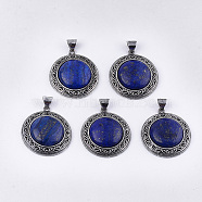 Natural Lapis Lazuli Pendants, with Alloy Findings, Flat Round, Antique Silver, 42.5x38x8.5mm, Hole: 8x6mm(G-S353-02)