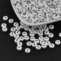 Flat Round with Letter I Acrylic Beads, with Horizontal Hole, White & Black, Size: about 7mm in diameter, 4mm thick, hole: 1mm