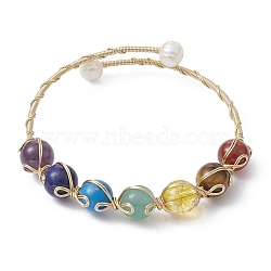 Natural Mixed Gemstone Round Beaded Cuff Bangle, Rack Plating Copper Wire Wrap Bangle with Grade A Natural Pearl Beaded, Inner Diameter: 2 inch(5.1cm)(BJEW-JB09594)