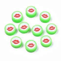 Handmade Polymer Clay Beads, Flat Round with Mouth, Spring Green, 9.5~10x4~4.5mm, Hole: 1.6mm(CLAY-N011-44A-08)