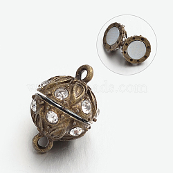 Alloy Rhinestone Magnetic Clasps with Loops, Round, Lead Free & Cadmium Free, Antique Bronze, 19x12.5mm, Hole: 2mm(PALLOY-M149-01AB-RS)