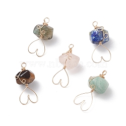 Natural Mixed Gemstone Pendants, with Golden Tone Eco-Friendly Copper Wire Wrapped, Faceted Rondelle with Heart Charms, Mixed Dyed and Undyed, 30x14~15x13~14mm, Hole: 3mm(PALLOY-JF01915)