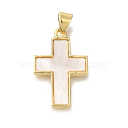 Brass Micro Pave Cubic Zirconia Pendants, with Shell, Real 16K Gold Plated, Cross Charms, Real 16K Gold Plated, 23x15x2mm, Hole: 4.5X3.5mm(KK-R002-01G)