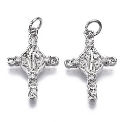 Brass Micro Pave Cubic Zirconia Pendants, with Jump Ring, Cross with Jesus, Nickel Free, Real Platinum Plated, 23.5x15.5x3mm, Hole: 3.5mm(ZIRC-T013-14P-NF)