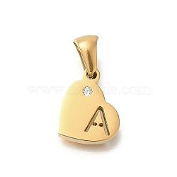 304 Stainless Steel Heart Pendants with Rhinestone, Golden, Letter A, 11x13x2.5mm, Hole: 5x3mm(STAS-Z103-01G-01)