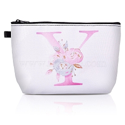 Flower & Letter Pattern Polyester Cosmetic Zipper Pouches, Clutch Bag, Toilet Bag for Women, White, Letter Y, 21.2x15.2x0.3cm(ABAG-TAC0035-03Y)