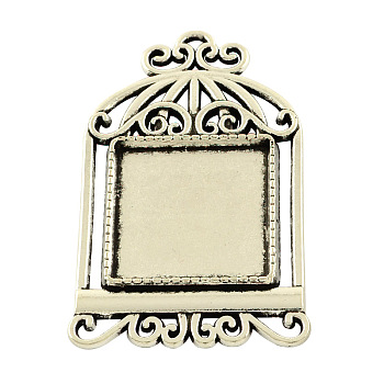 Tibetan Style Alloy Pendant Cabochon Settings, Cage with Square Tray, Cadmium Free & Lead Free, Antique Silver, 48x29x2.5mm, Hole: 2mm, Tray: 20x20mm