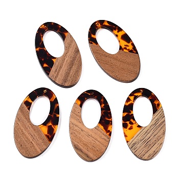 Transparent Resin and Walnut Wood Pendants, Hollow Oval Charms with Gold Foil, Orange, 49.5x28x4mm, Hole: 2mm, 