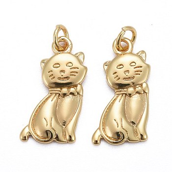 Brass Pendants, Long-Lasting Plated, with Jump Rings, Cat, Real 18K Gold Plated, 18x9x1.5mm, Jump Ring: 5x0.7mm, Inner Diameter: 3.5mm