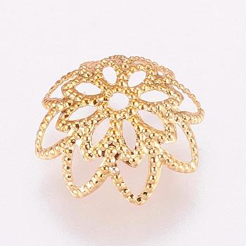 Brass Fancy Bead Caps, Long-Lasting Plated, Hollow, Flower, Multi-Petal, Real 24K Gold Plated, 10x3.5mm, Hole: 1mm