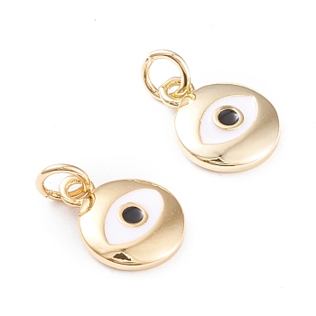 Brass Enamel Charms, with Jump Rings, Long-Lasting Plated, Flat Round with Evil Eye, White & Black, Real 18K Gold Plated, 12.5x10x2mm, Hole: 3mm