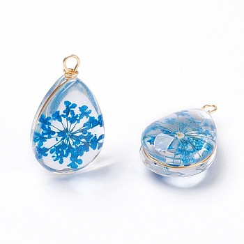 Inner Flower Glass Pendants, with Long-Lasting Plated Brass Findings, Nickel Free, teardrop, Real 18K Gold Plated, Dodger Blue, 21.5~22.5x13~14.5x8~9mm, Hole: 1.8mm