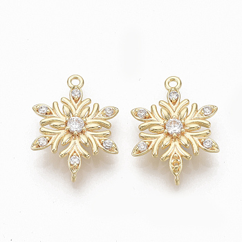 Brass Micro Pave Clear Cubic Zirconia Links, Nickel Free, Flower, Real 18K Gold Plated, 18x13x2mm, Hole: 0.9mm & 1.2mm