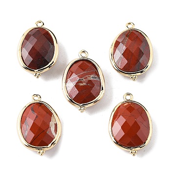 Natural Red Jasper Faceted Oval Connector Charms, with Brass Findings, Golden, Rack Plating, 22x13.5x6mm, Hole: 1.4mm