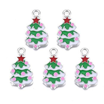 Christmas Tree Alloy Enamel Pendants, Christmas Theme, Pearl Pink, 26x15x2mm, Hole: 3mm