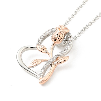 Clear Cubic Zirconia Heart with Rose Pendant Necklace, Two Tone Brass Jewelry for Women, Platinum & Rose Gold, Pedants: 25x20.5x9mm, 15.94 inch(40.5cm)