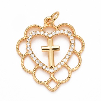 Rack Plating Brass Micro Pave Clear Cubic Zirconia Pendants, Cadmium Free & Nickel Free & Lead Free, Long-Lasting Plated, Heart with Cross, Real 18K Gold Plated, 23x20.5x2mm, Jump Ring: 5x0.5mm, Inner Diameter: 3.5mm