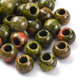 Natural Unakite European Beads, Round Large Hole Beads, 12x10mm, Hole: 5mm