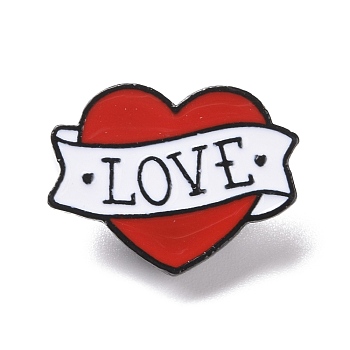 Love Word Enamel Pin, Heart Alloy Badge for Backpack Clothes, Electrophoresis Black, Red, 21x27x1.5mm, Pin: 1.3mm