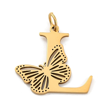 Ion Plating(IP) 201 Stainless Steel Pendants, Letter with Butterfly Charms, Golden, Letter L, 27x28x1.5mm, Ring: 7x1mm, Hole: 5mm