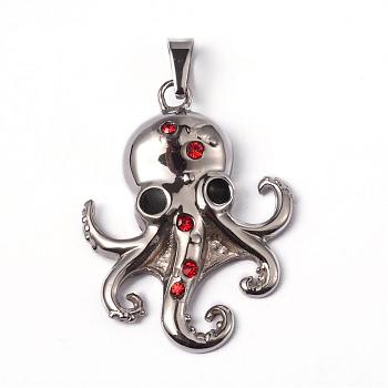 304 Stainless Steel Enamel Pendants, with Rhinestones, Octopus, Stainless Steel Color, 38x29x7mm, Hole: 8x4mm