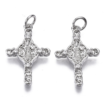 Brass Micro Pave Cubic Zirconia Pendants, with Jump Ring, Cross with Jesus, Nickel Free, Real Platinum Plated, 23.5x15.5x3mm, Hole: 3.5mm