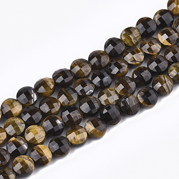 Natural Tiger Eye Beads Strands, Faceted, Flat Round, 6~6.5x4~5mm, Hole: 1mm, about 61~67pcs/strand, 14.9 inch~15.1 inch
