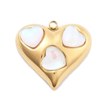 304 Stainless Steel Pendants, Heart, with Glass, PVD Vacuum Plating, Real 18K Gold Plated, 18.5x19.5x5.5mm, Hole: 1.6mm