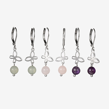 Stainless Steel Gemstone Dangle Leverback Earrings, with Butterfly Links, Mixed Stone, 35mm, Pin: 1mm